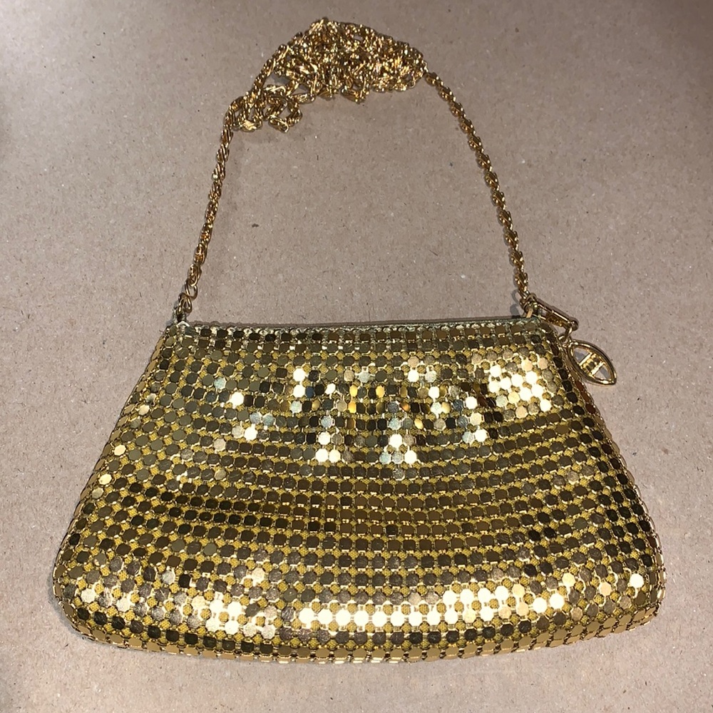 Gold tone metal mesh cross body purse